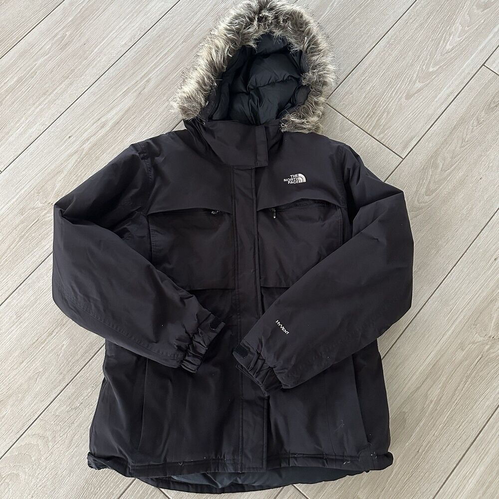 The North Face Jacket Womens XL Black Goose Down Faux Fur Coat Parka Hyvent - Picture 1 of 14